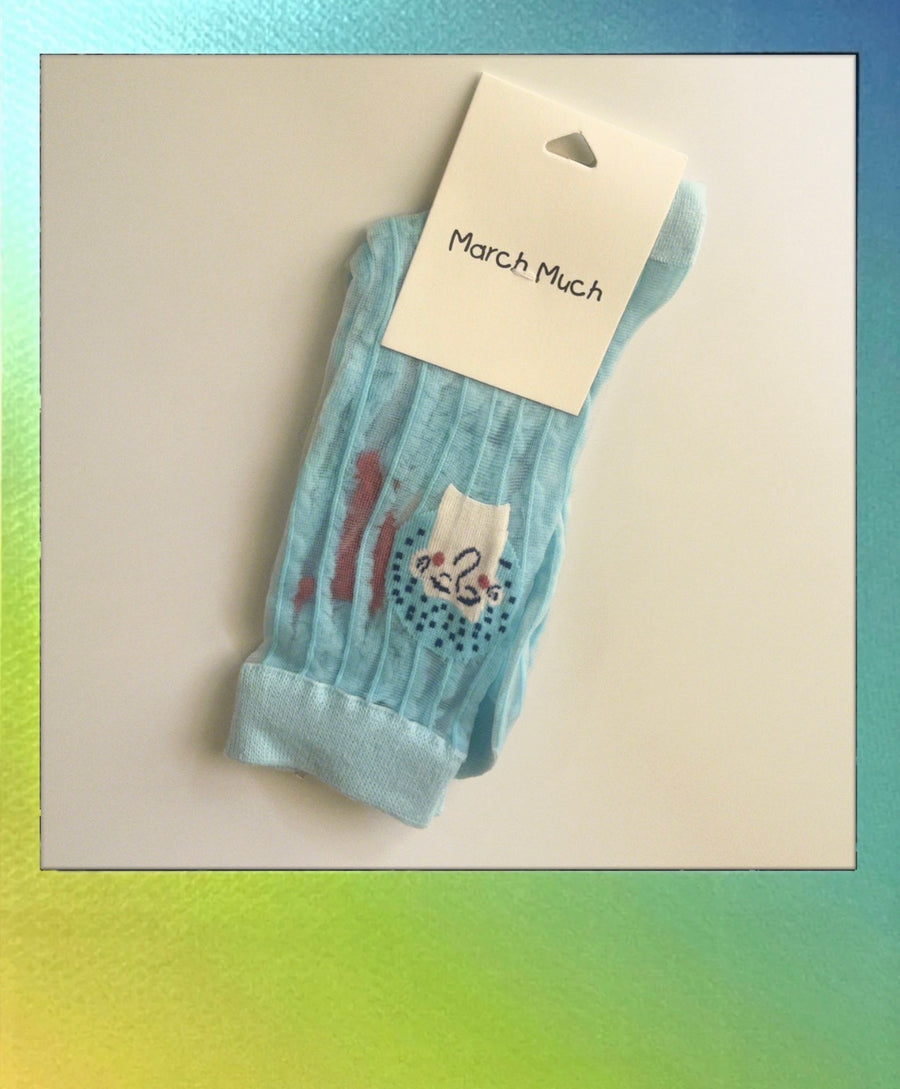 Woman's fashion socks: Blue and White Sheer Cartoon Socks for a Playful Touch