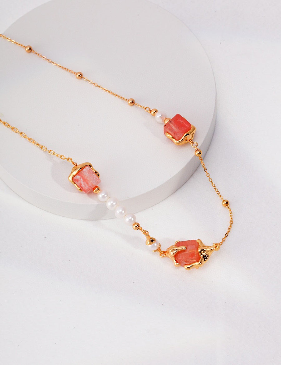 Limited Summer Specials: 3 Sets Pink Stone Pearl Necklace and Bracelet with Heart Earrings 18K Gold Plated 925 Silver