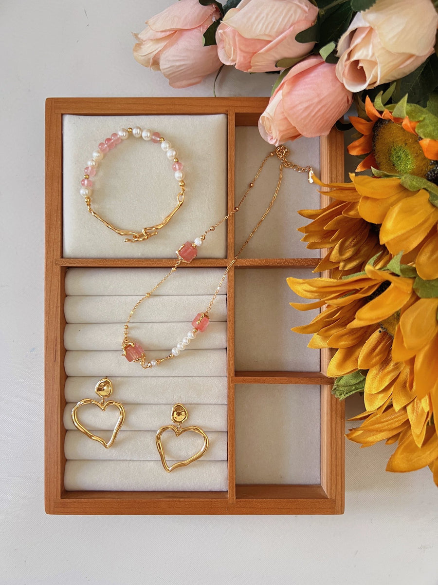 Limited Summer Specials: 3 Sets Pink Stone Pearl Necklace and Bracelet with Heart Earrings 18K Gold Plated 925 Silver